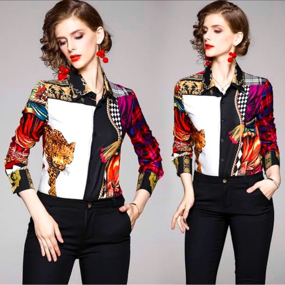 Designer Inspired Runway Tiger Floral Print Silk Blouse NWOT - Picture 1 of 2